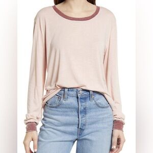 Treasure & Bond Long Sleeve Ringer Tee in Pink Smoke with Maroon Accents